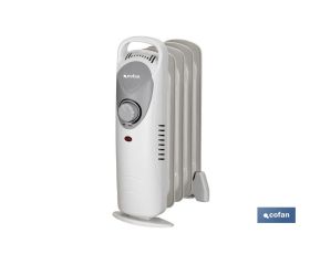 Mini radiador de aceite | Potencia: 450 W | Termostato regulable | Seguridad antiincendios | Color: blanco | Medidas: 26 x 13 x 41 cm