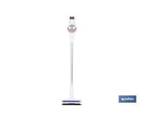 Aspiradora eléctrica sin cable con soporte a la pared | Potencia de succión: 180 AW | Potencia ciclónica: 32 kPa | 4 velocidades | Filtro HEPA lavable | Batería de litio 25,9 V | Color: blanco