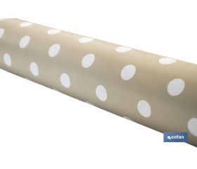 Mantel antimanchas | Color beige con diseño de lunares blancos | Materiales: vinilo y poliéster | Impermeable | Fácil de limpiar | Disponible en diferentes medidas