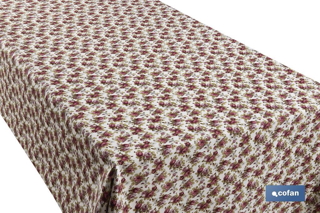 ROLLO MANTEL ANTIMANCHAS RESINADO 50% ALGODON/50% POLIESTER. ROSAS 1,40 x 25 M