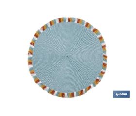 Bajoplatos redondos con flecos de colores | Color: azul | Salvamanteles individuales | Packs de 6 unidades | Diámetro: 38 cm