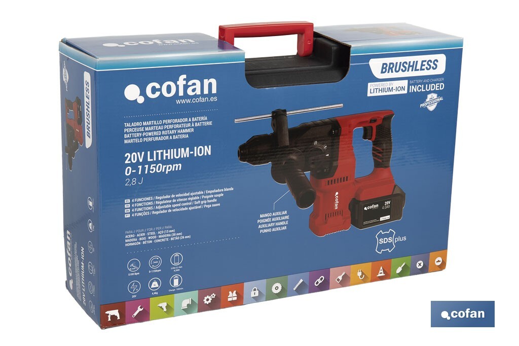 TALADRO MARTILLO PERFORADOR SDS-PLUS A BATERÍA Li-ion 20 V 1150 RPM