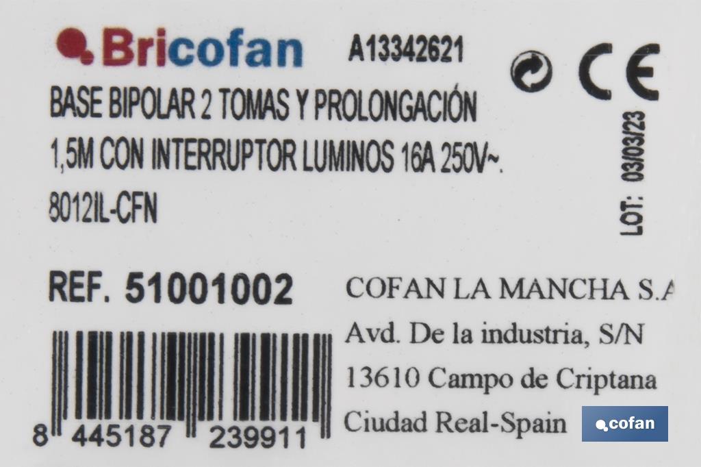 BASE BIPOLAR 2 TOMAS Y PROLONGACIÓN 1,5M CON INTERRUPTOR LUMINOS 16A250V