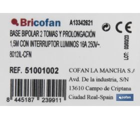 BASE BIPOLAR 2 TOMAS Y PROLONGACIÓN 1,5M CON INTERRUPTOR LUMINOS 16A250V