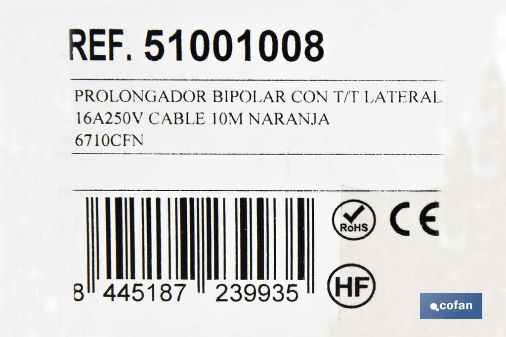 PROLONGADOR BIPOLAR CON T/T LATERAL 16A250V CABLE 10M NARANJA