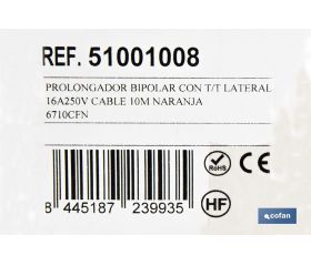 PROLONGADOR BIPOLAR CON T/T LATERAL 16A250V CABLE 10M NARANJA