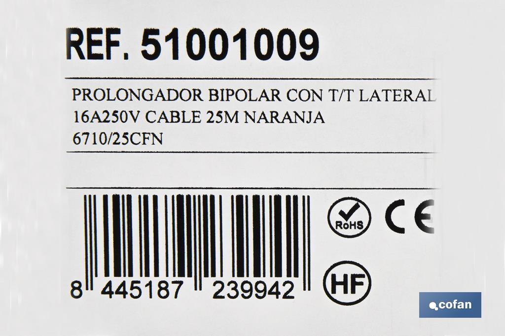 PROLONGADOR BIPOLAR CON T/T LATERAL 16A250V CABLE 25M NARANJA