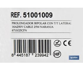 PROLONGADOR BIPOLAR CON T/T LATERAL 16A250V CABLE 25M NARANJA