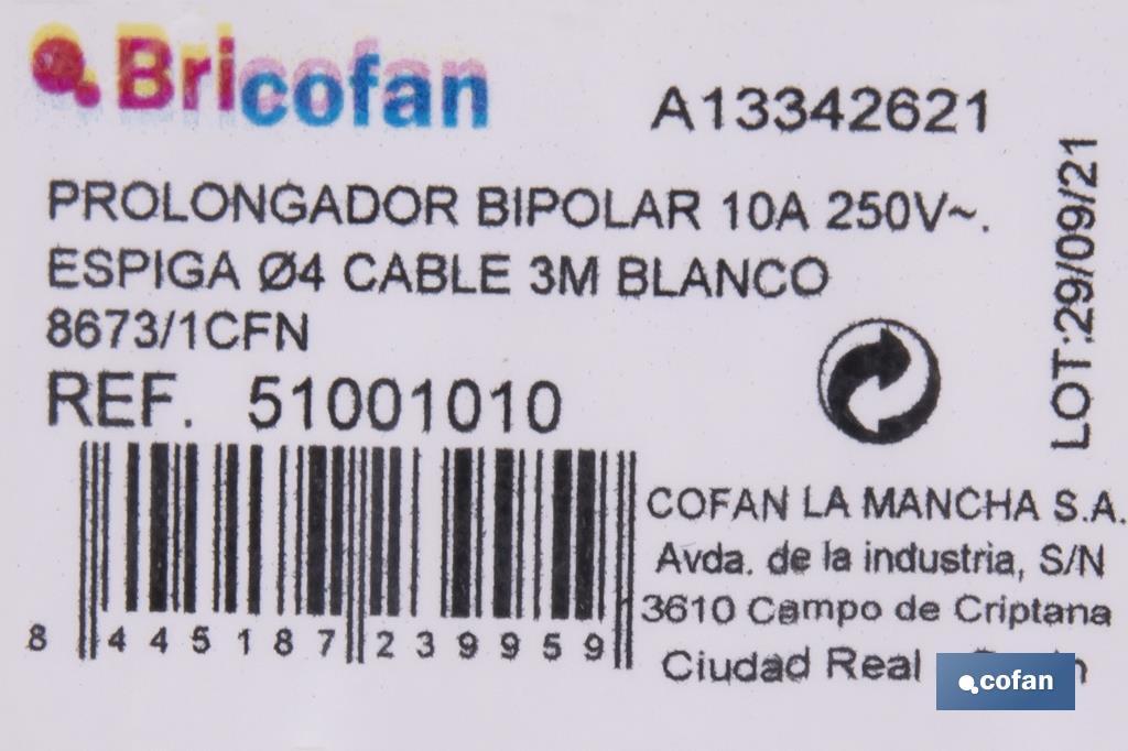 PROLONGADOR BIPOLAR 10A250V ESPIGAØ4 CABLE 3M BLANCO