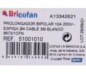 PROLONGADOR BIPOLAR 10A250V ESPIGAØ4 CABLE 3M BLANCO