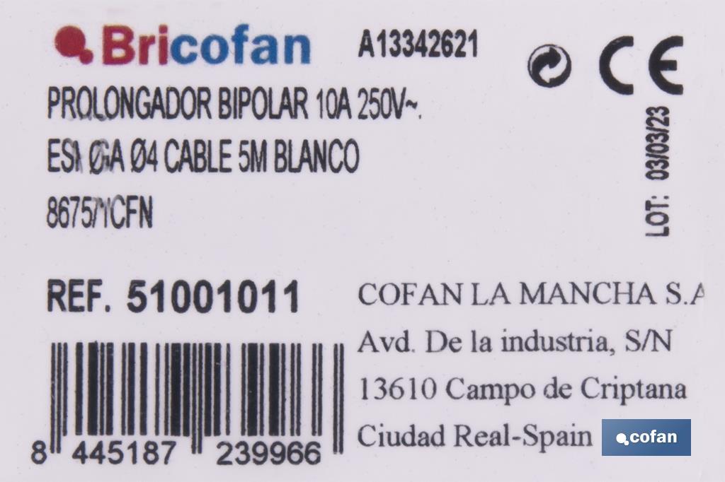 PROLONGADOR BIPOLAR 10A250V ESPIGAØ4 CABLE 5M BLANCO