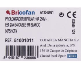 PROLONGADOR BIPOLAR 10A250V ESPIGAØ4 CABLE 5M BLANCO