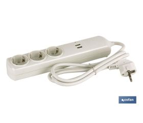 Base múltiple de 3 tomas | Incluye 2 puertos USB | Cable de 1,5 metros de longitud