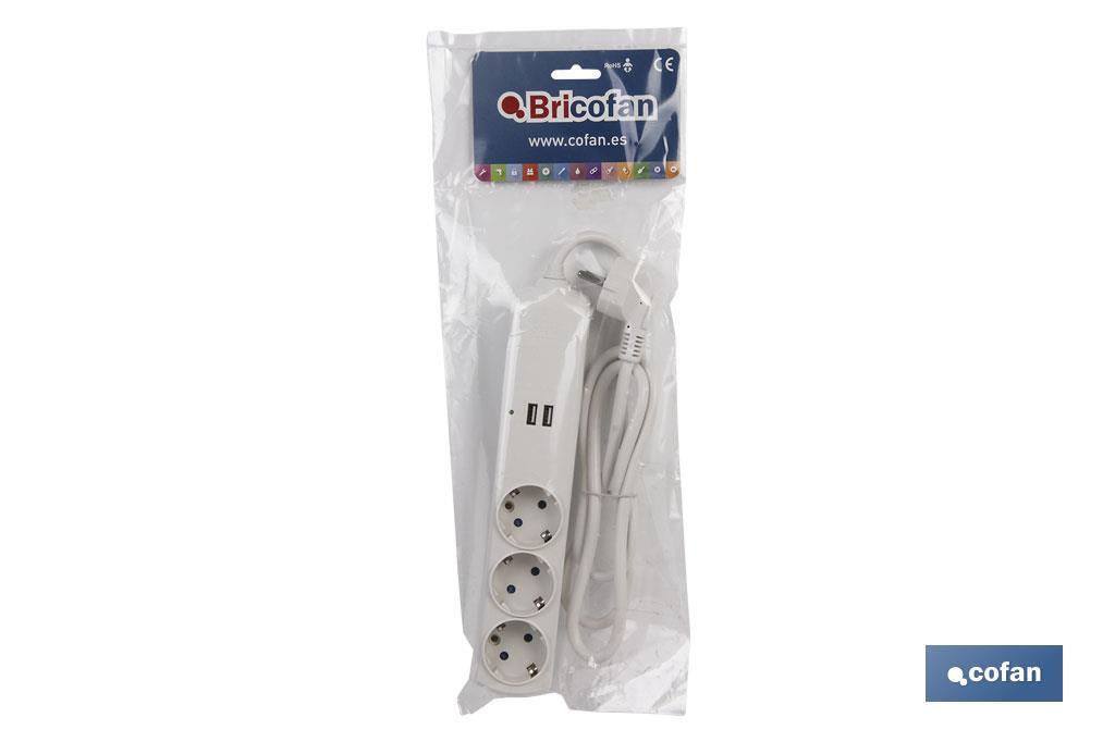 BASE BIPOLAR 3 TOMAS Y PROLONGACIÓN 1,5M CON T/T LATERAL 16A 250V USB