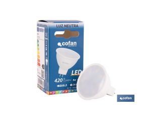 Lámpara LED COB GU-5.3 5W | 4000 K Luz Neutra | 420 lúmenes | Ángulo de 110° | 12V DC | Ahorro Energético del 90% | +50.000 Encendidos | 20.000h de Vida