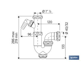 SIFÓN CURVO CON SALIDA Ø32-40, RACOR 1 1/2 Y TOMA AUXILIAR