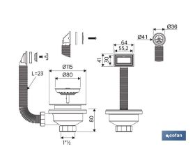 VÁLVULA FREGADERO 1 1/2 x 115 CON CESTA REJILLA Y REBOSADERO