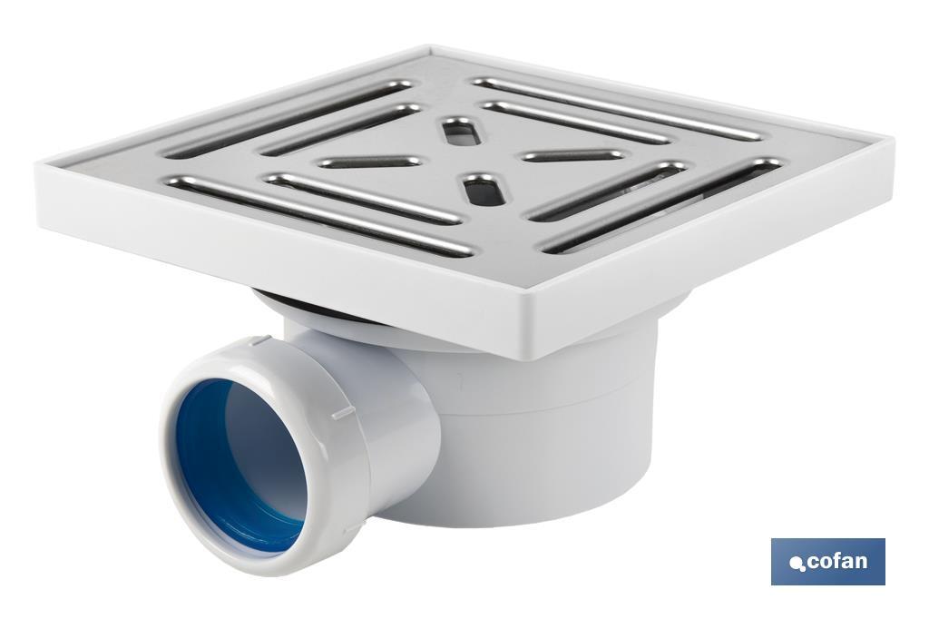 VÁLVULA SIFÓNICA SUMIDERO 146x146 MM CON SALIDA Ø32-40 Y TAPA ACERO INOX.