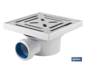 VÁLVULA SIFÓNICA SUMIDERO 146x146 MM CON SALIDA Ø32-40 Y TAPA ACERO INOX.