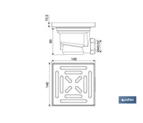 VÁLVULA SIFÓNICA SUMIDERO 146x146 MM CON SALIDA Ø32-40 Y TAPA ACERO INOX.