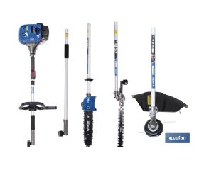 Multiherramienta 4 en 1 de gasolina | Cortabordes, desbrozadora, cortasetos y podador en altura | Motor de 2 tiempos | 51,7 cc | Incluye arnés doble | Accesorios incluidos