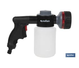 Pistola de riego con 6 posiciones ajustables y depósito para dispensador de jabón de 500 ml