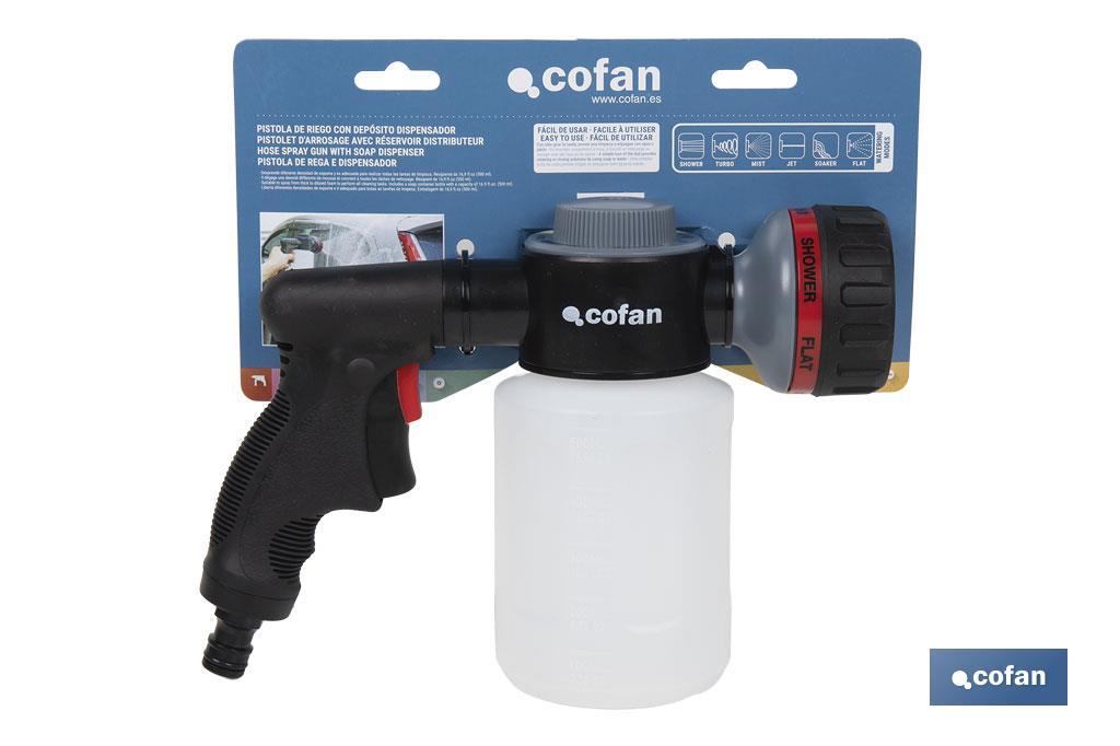 PISTOLA DE RIEGO 6 POSICIONES CON DEPÓSITO DISPENSADOR