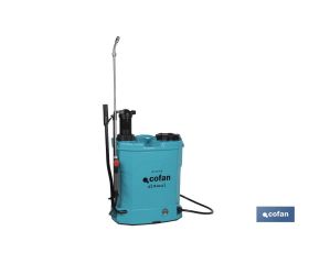 Pulverizador de espalda | Funcionamiento eléctrico y manual | Capacidad: 16 litros | Batería de Li-Ion 12 V | Lanza 60 cm | 4 boquillas | Correas acolchadas