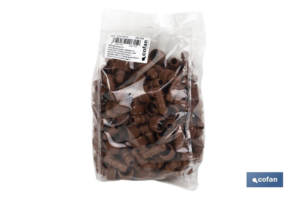 CON. EN CODO R.MACHO Ø16MM-3/4 (MARRÓN-MAX SEGUR.)