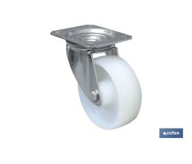 Rueda de nylon y placa giratoria | Con cojinete liso | Para pesos de hasta 150 kg y diámetros de 80, 100 y 125 mm