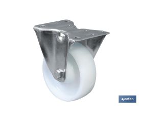 Rueda de nylon fija giratoria | Con cojinete liso | Para pesos de hasta 150 kg y diámetros de 80, 100 y 125 mm