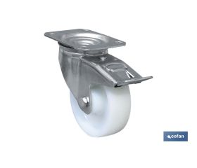 Rueda de nylon con freno y placa giratoria | Con cojinete liso | Para pesos de hasta 150 kg y diámetros de 80, 100 y 125 mm