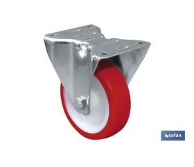 Rueda de poliuretano fija | Con cojinete liso | Para pesos de hasta 150 kg y diámetros de 80, 100 y 125 mm