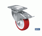 Rueda de poliuretano con freno y placa giratoria | Con cojinete liso | Para pesos de hasta 150 kg y diámetros de 80, 100 y 125 mm