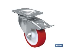 Rueda de poliuretano con freno y placa giratoria | Con cojinete liso | Para pesos de hasta 150 kg y diámetros de 80, 100 y 125 mm