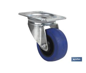 Rueda de goma azul y placa giratoria | Con cojinete de rodillo | Para pesos de hasta 150 kg y diámetros de 80, 100 y 125 mm