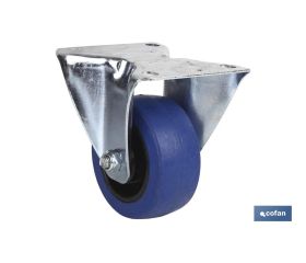 Rueda de goma azul fija | Con cojinete de rodillo | Para pesos de hasta 150 kg y diámetros de 80, 100 y 125 mm