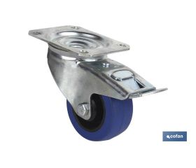 Rueda de goma azul giratoria con freno | Con cojinete de rodillo | Para pesos de hasta 150 kg y diámetros de 80, 100 y 125 mm