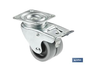 Rueda doble de polipropileno con placa de 60 mm | Diámetro de 50 mm con freno | Para pesos de hasta 70 kg