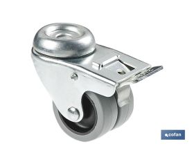 Rueda doble de polipropileno con agujero pasante de 12 mm y freno | Diámetro de 50 mm | Para pesos de hasta 70 kg