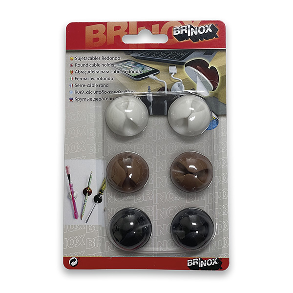 Mod. B4400-0 Sujetacables redondo. Adhesivo. Blanco-Marrón-Negro [Blister 6 unidades]