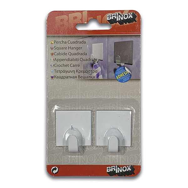 Mod. B7206-D Percha Cuadrada Mediana. Inox. Adhesiva. Lacado blanco [Blister 2 unidades]