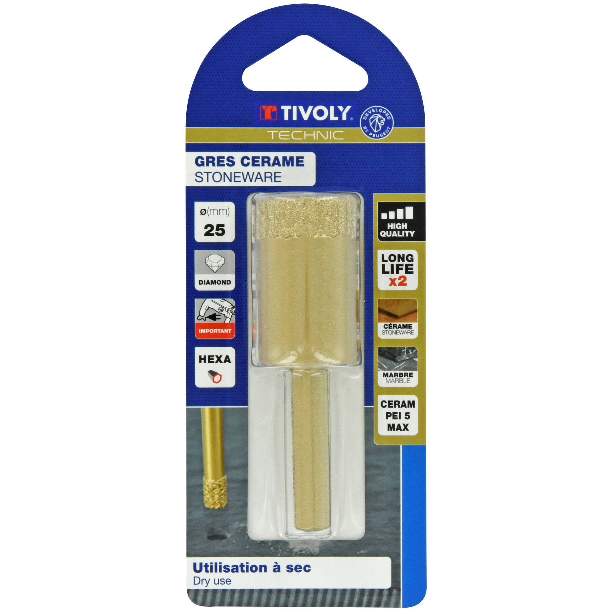 Ø: 25 / Sierra corona diamante corte en seco (Estuche blíster) / H: 43