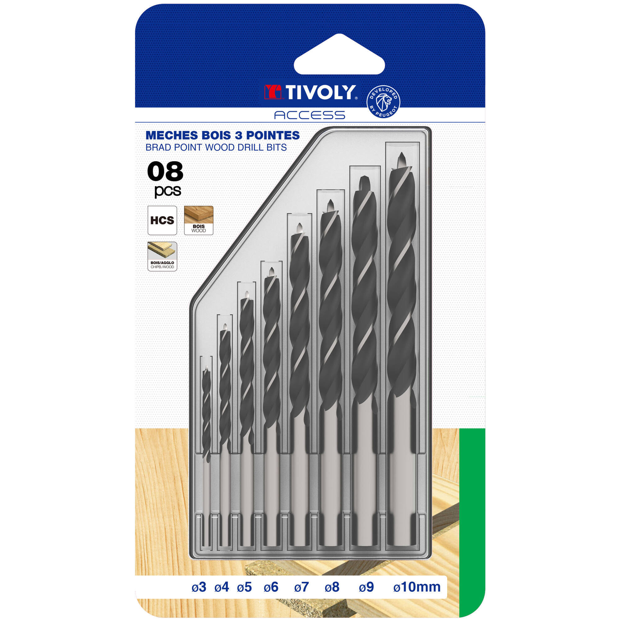 50800370001 - 8 brocas para madera 3 puntas Ø 3 a 10 mm