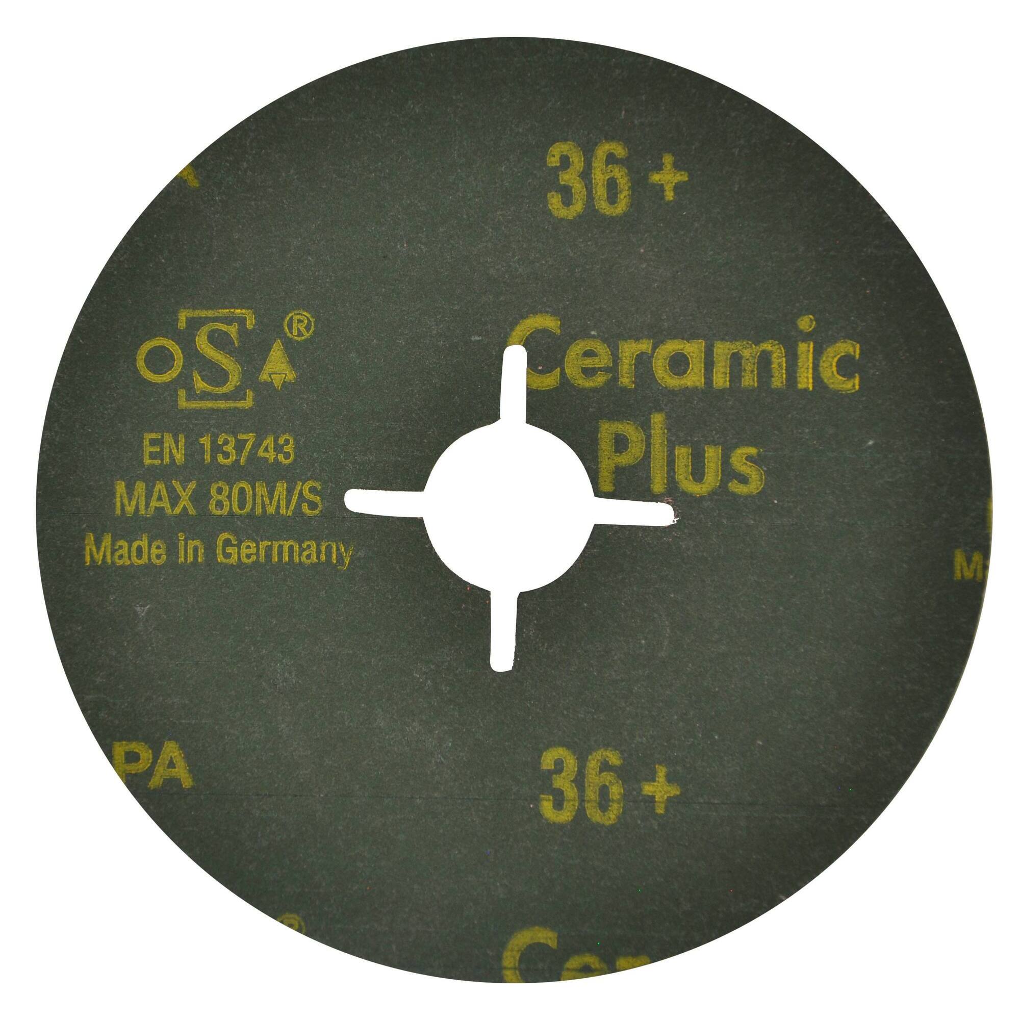 Disco de FIBRA CERÁMICA Especial ACERO INOXIDABLE (Cartoncillo colgante) / Dim Ø125 / Gr : 36