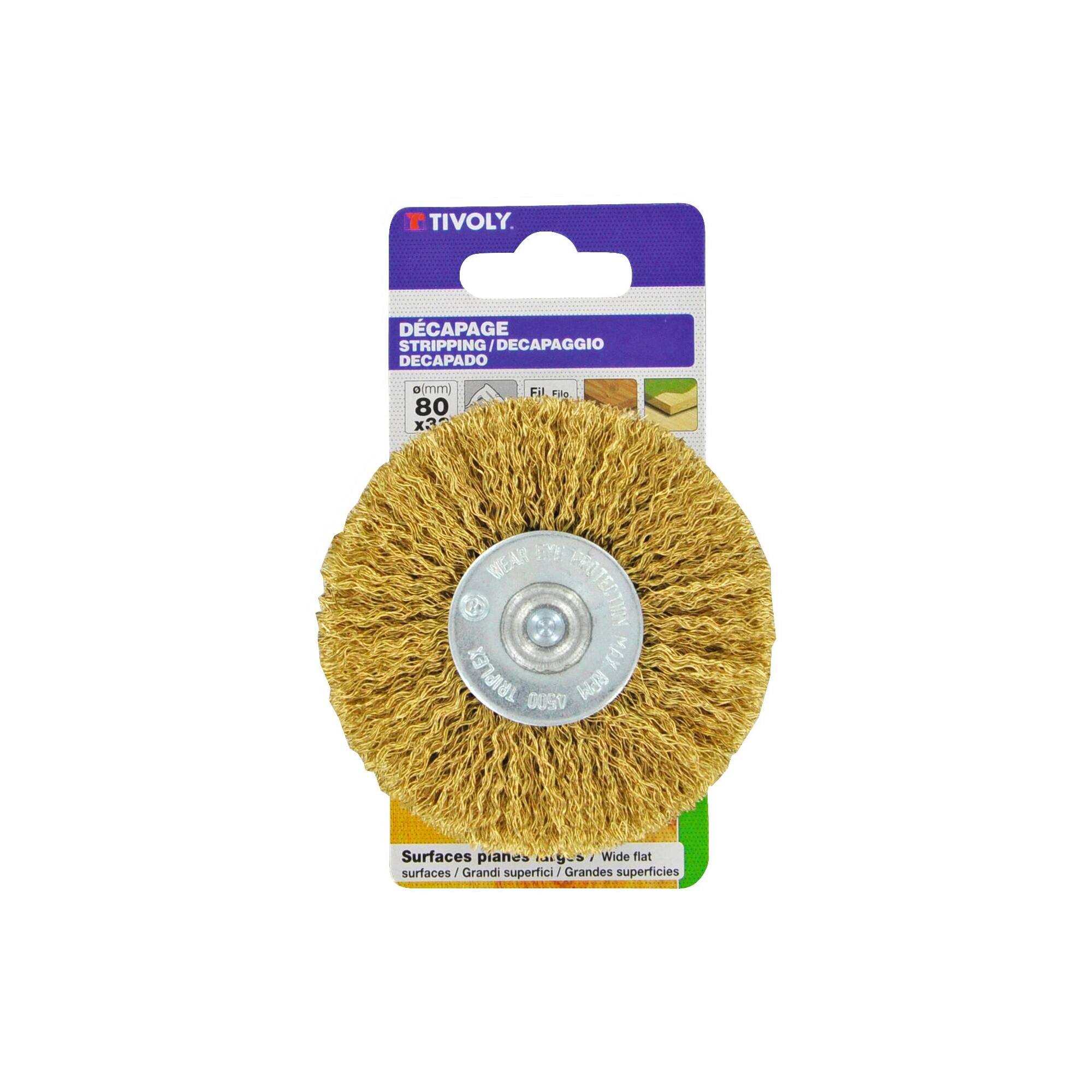 Cepillo CIRCULAR -Alambre de acero latonado -Decapado de madera (Cartoncillo colgante) / Ø: 80x33 / 0.25