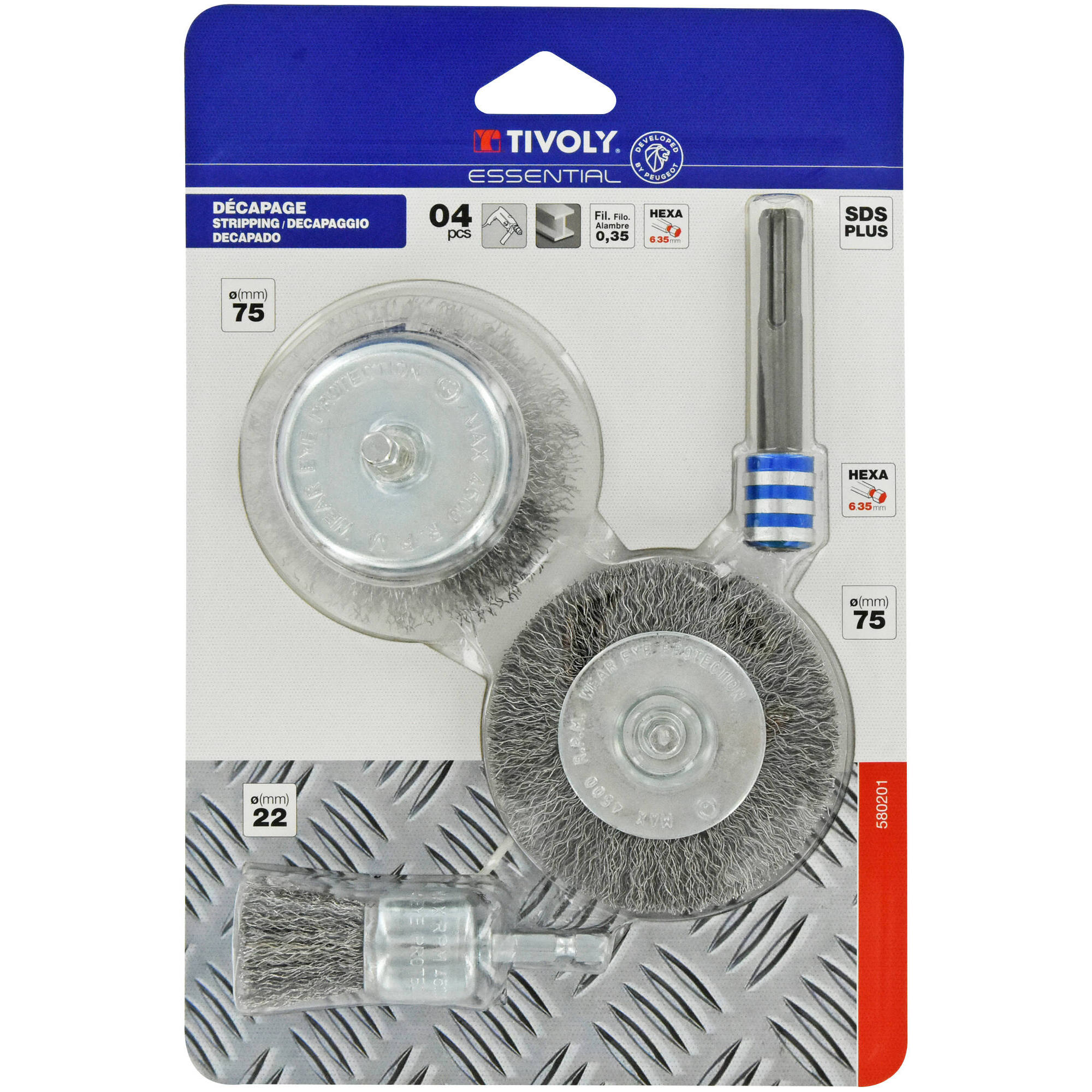 XT20252580201 - 4 piezas: 3 cepillos metálicos + 1 adaptador SDS+