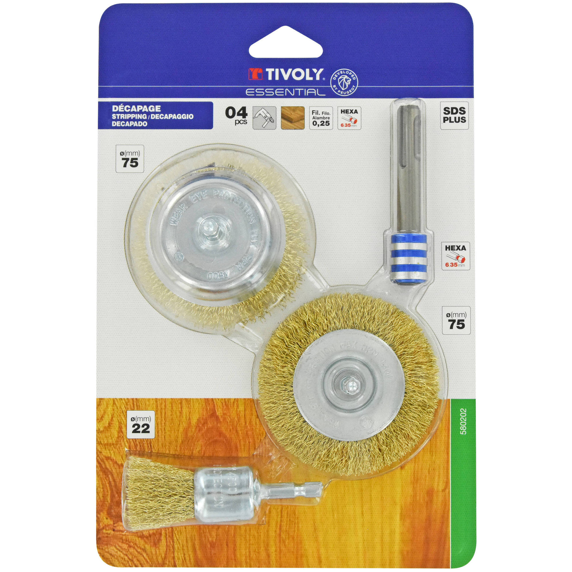 XT20252580202 - 4 piezas: 3 cepillos para madera + 1 adaptador SDS+