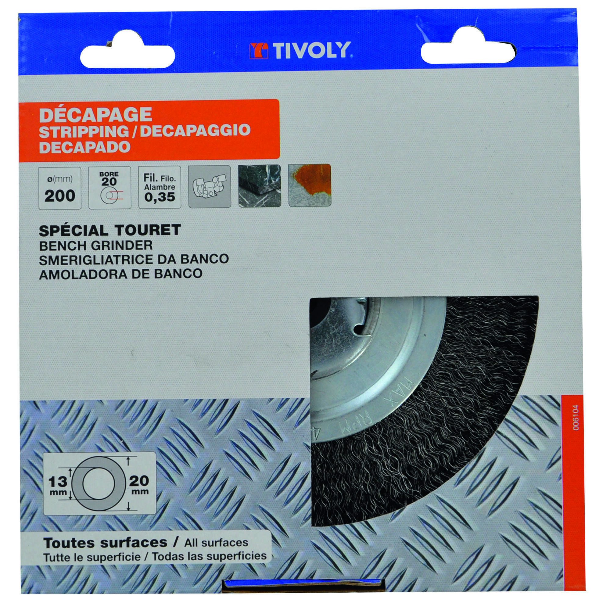 Cepillo de DISCO -Alambre de acero ondulado -Decapado de metal (Caja colgante) / Ø: 200x15 / 0.35