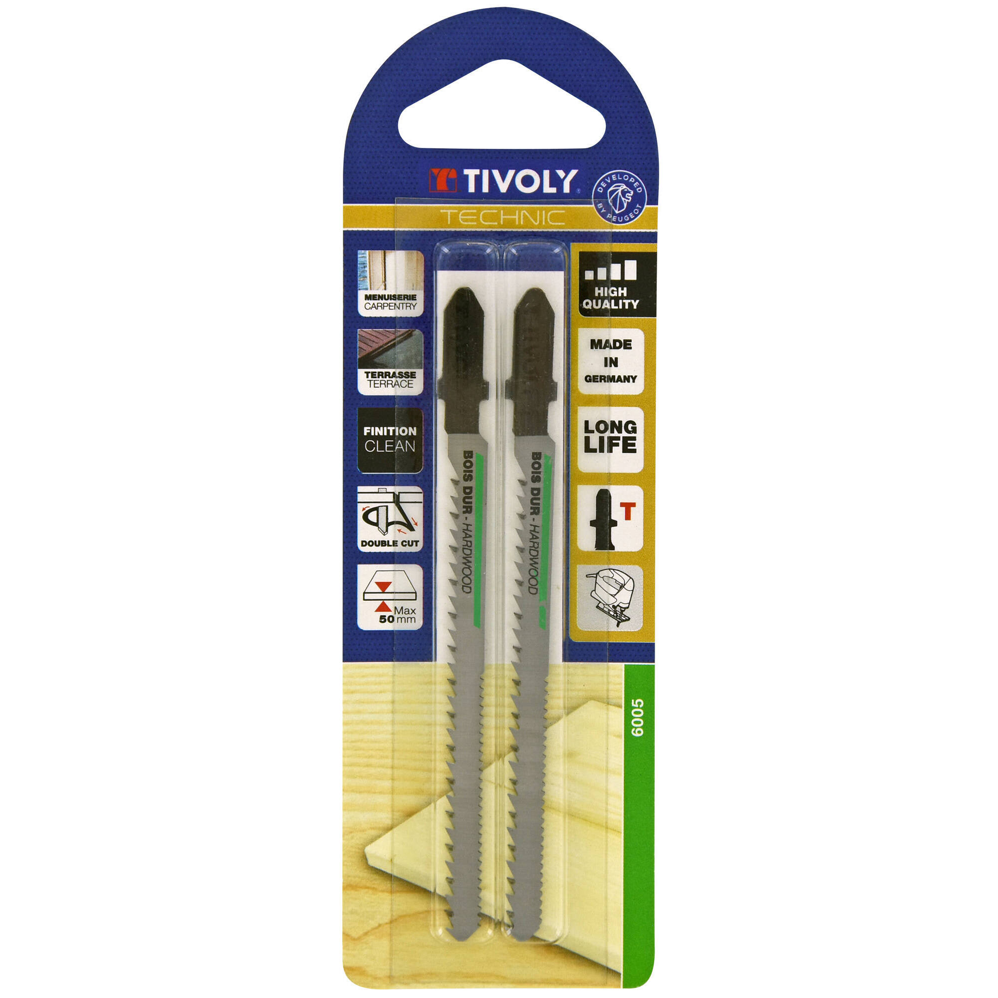 Hoja de sierra de calar -Dentado doble -Para madera dura maciza -Enganche en T (Blíster) / L: 100 / H: 75 / Corte curvo y recto